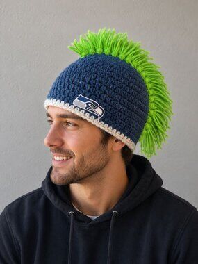 hand-crocheted Seattle Seahawks beanie blue yarn, a white brim, bright green Hat